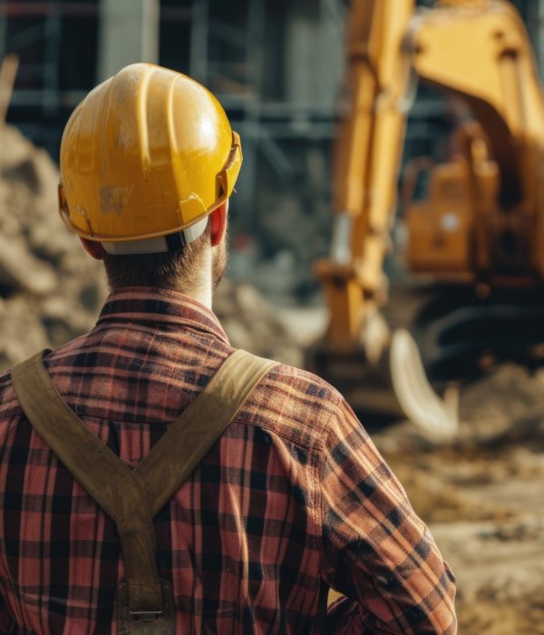 man standing in front of construction construction equipment stock photo, in the style of realistic depictions, literary excavations, innovative page design, yellow and maroon, depictions of labor --ar 128:85 --v 6 Job ID: 8bd05240-a257-4afc-9a26-89341de76bdc